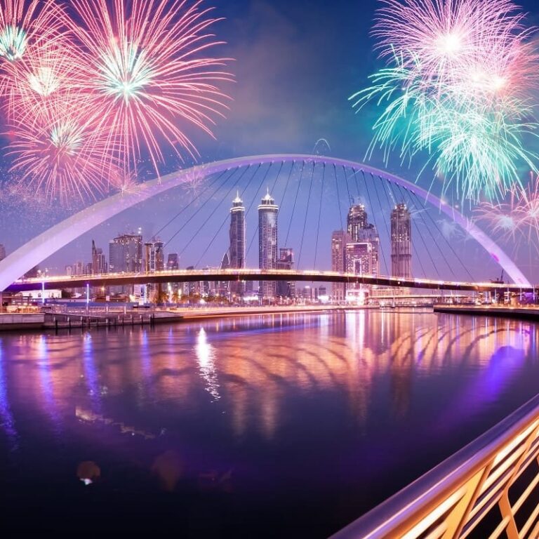 Fireworks,Display,Over,Dubai,Downtown,Skyscrapers,And,The,Newly,Built